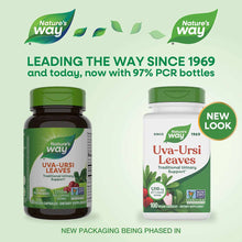 Two Nature's Way Uva-Ursi Leaves supplement bottles: dark green glass bottle with green cap on left, white plastic bottle wit