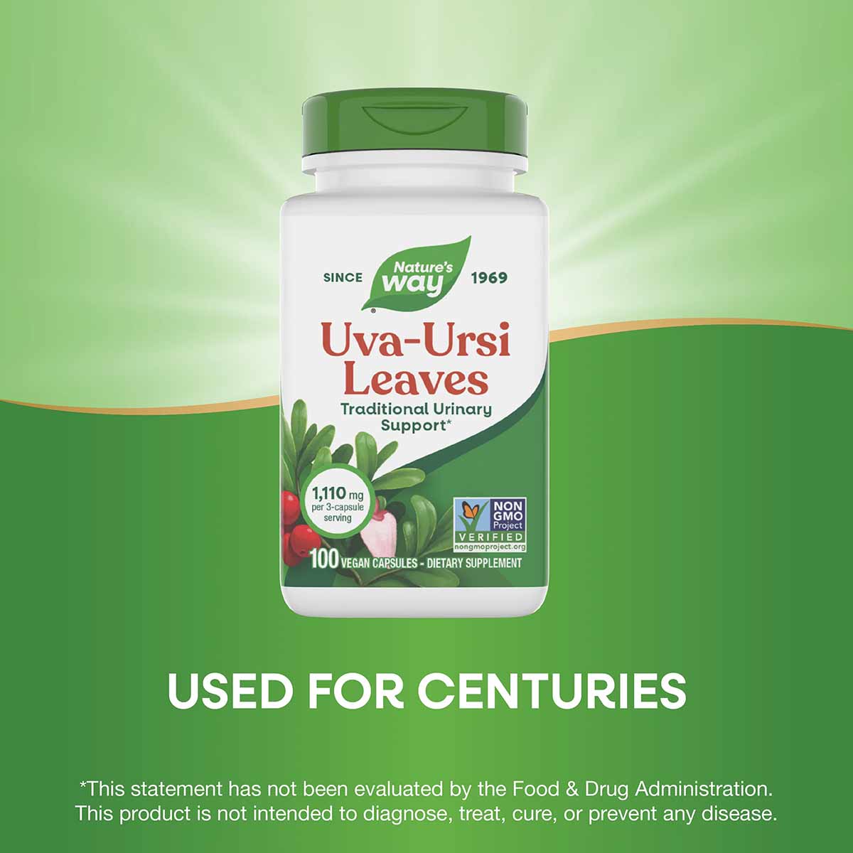 Nature's Way Uva-Ursi Leaves supplement bottle with green cap, 100 vegan capsules, 1,110 mg per serving.