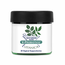White jar with black lid labeled V-Probiotics Multi-Species Blend by Vitanica, 30 Vaginal Suppositories, featuring green leaf
