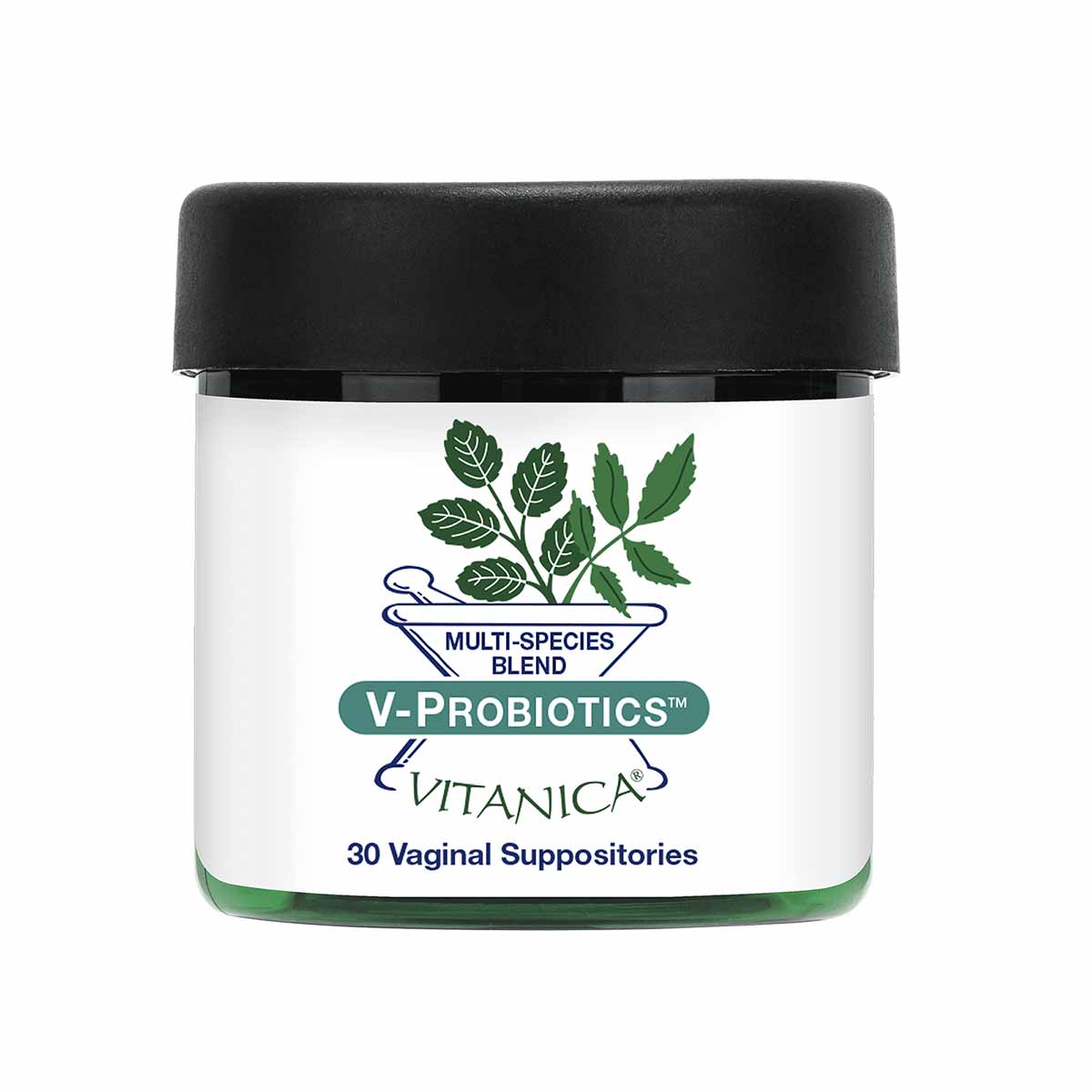 White jar with black lid labeled V-Probiotics Multi-Species Blend by Vitanica, 30 Vaginal Suppositories, featuring green leaf