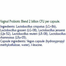 Vitanica V-Probiotics product label displaying vaginal probiotic blend information and ingredient list in dark text.