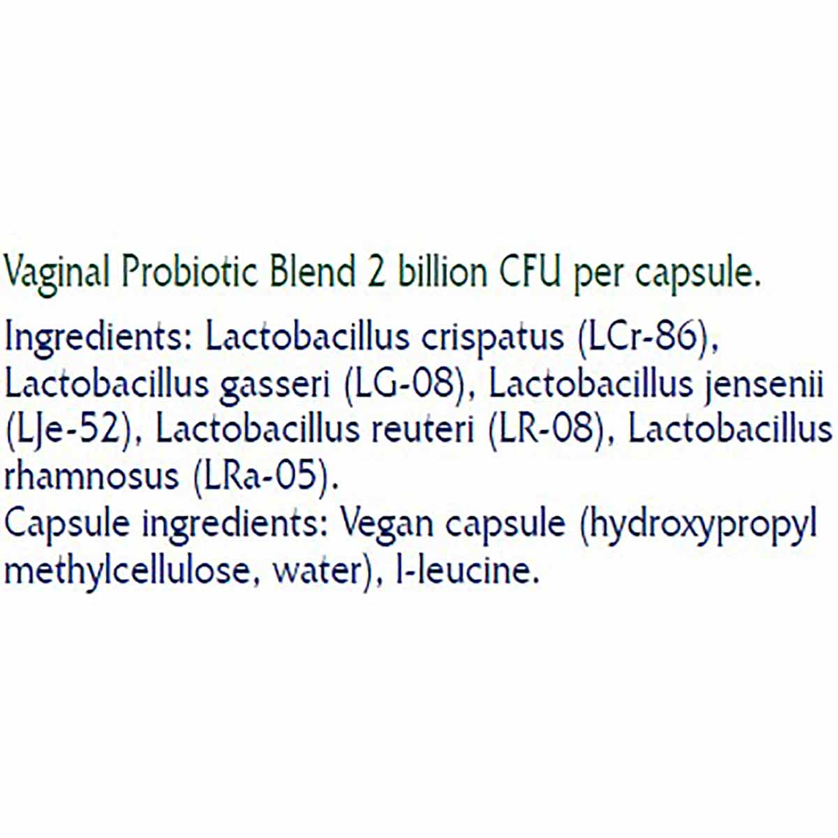 Vitanica V-Probiotics product label displaying vaginal probiotic blend information and ingredient list in dark text.