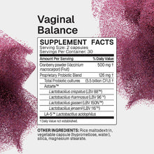 Vaginal Balance supplement label showing serving size, ingredient list with probiotic strains, and cranberry powder content o