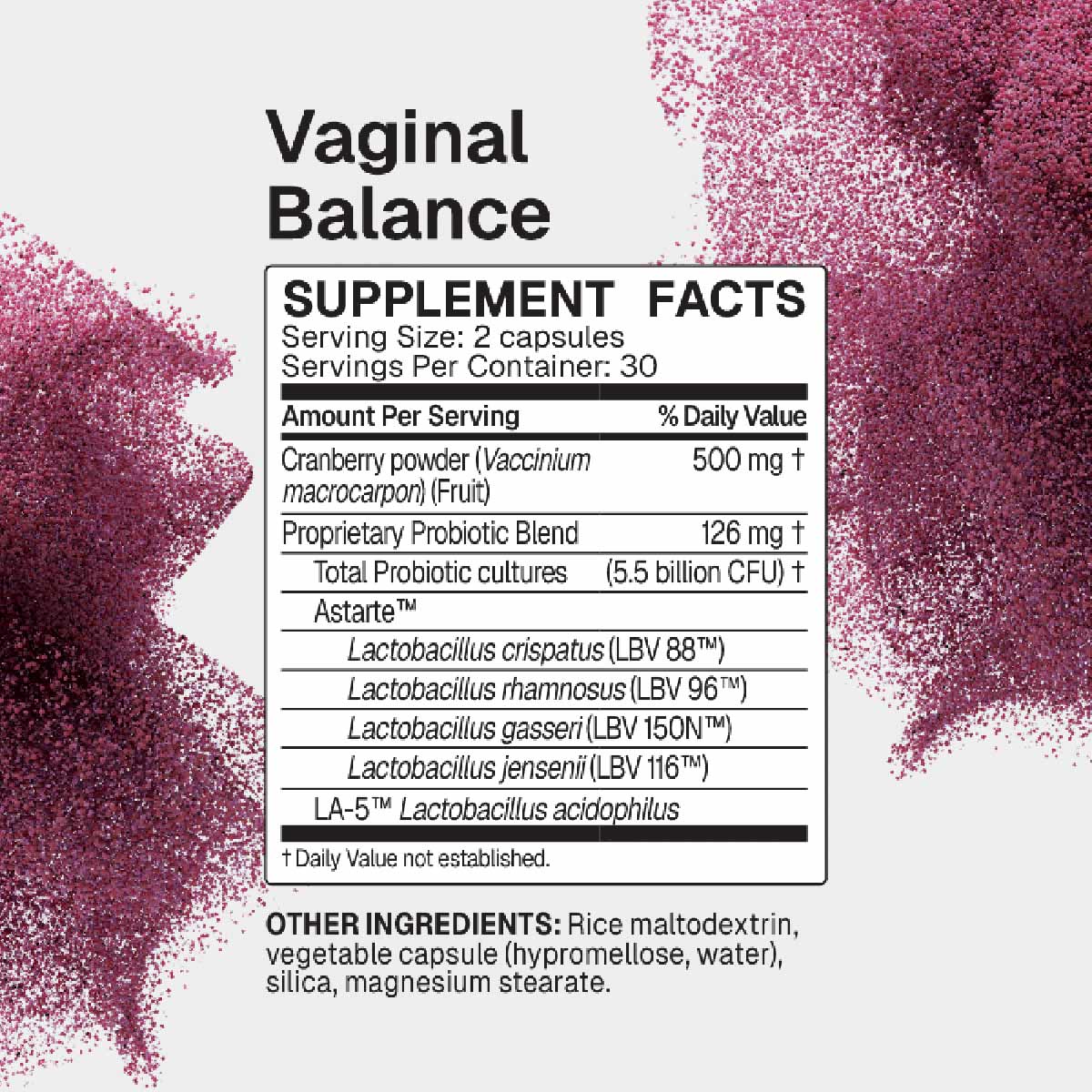Vaginal Balance supplement label showing serving size, ingredient list with probiotic strains, and cranberry powder content o
