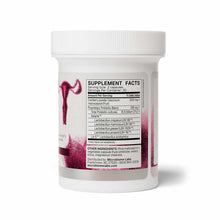 White plastic supplement bottle with pink uterus illustration and supplement facts label visible on front.