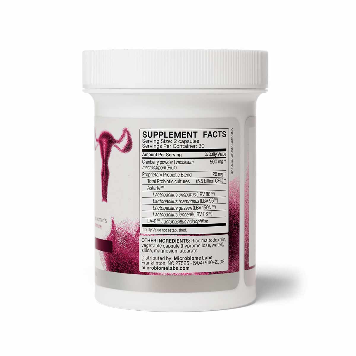White plastic supplement bottle with pink uterus illustration and supplement facts label visible on front.