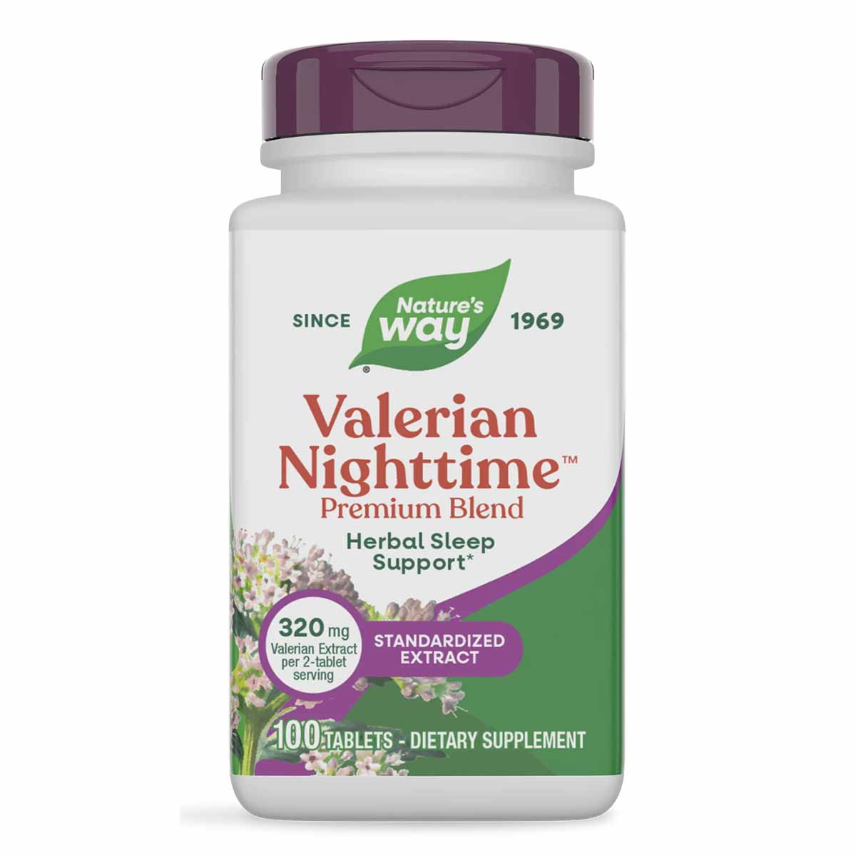 Nature's Way Valerian Nighttime Premium Blend bottle with purple cap containing 100 tablets of herbal sleep support dietary s