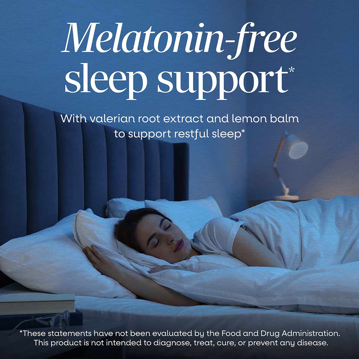 Valerian Nighttime Premium Blend supplement bottle displayed with text describing melatonin-free sleep support formula.