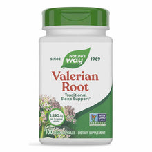Nature's Way Valerian Root dietary supplement bottle with green cap and white label containing 100 vegan capsules.