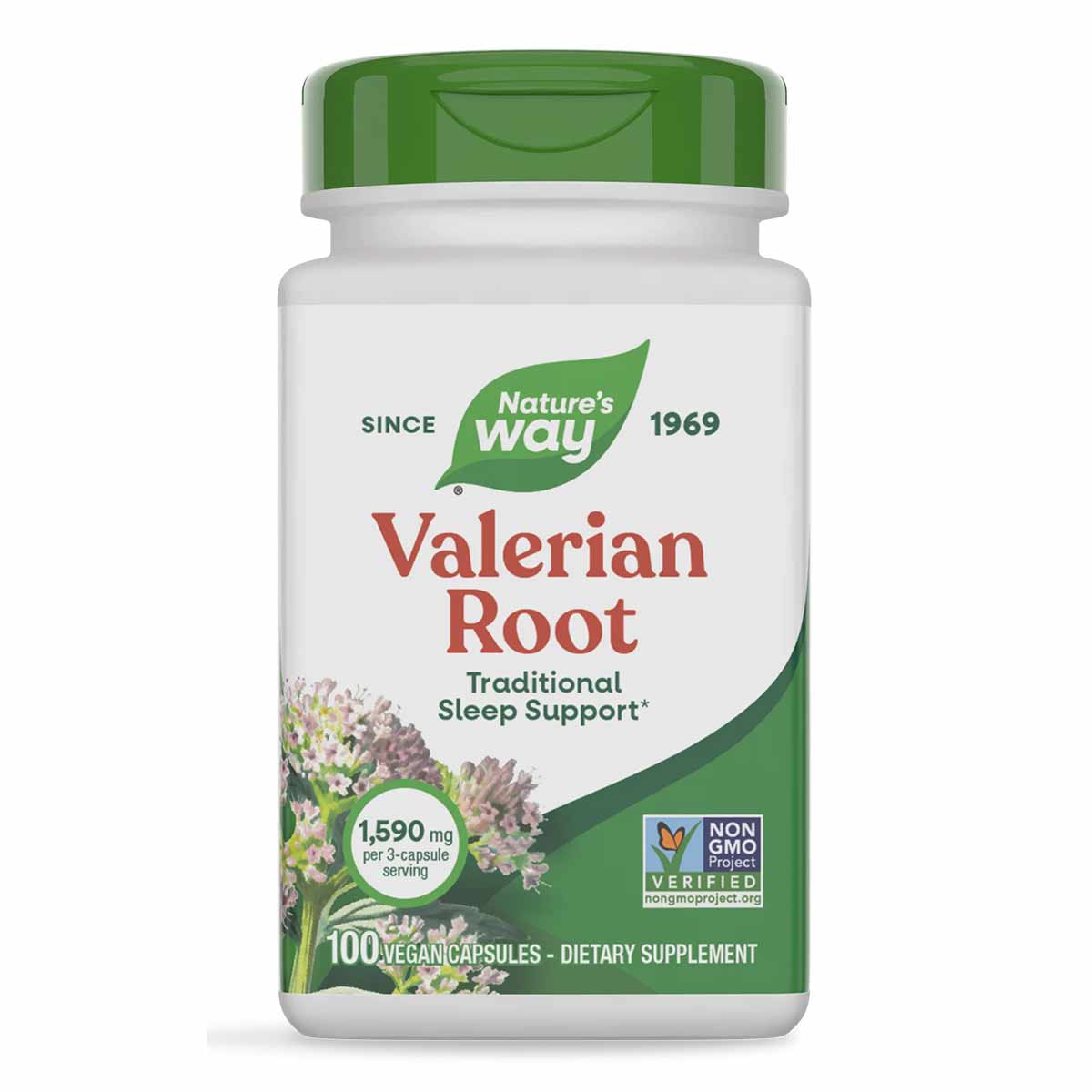 Nature's Way Valerian Root dietary supplement bottle with green cap and white label containing 100 vegan capsules.