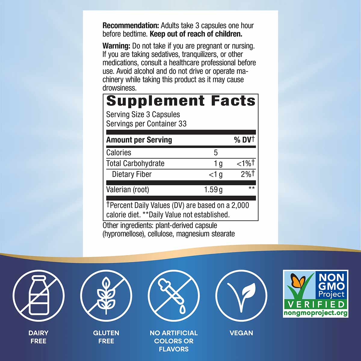 Valerian Root supplement label showing Supplement Facts, dosage recommendations, warnings, and certification badges for dairy