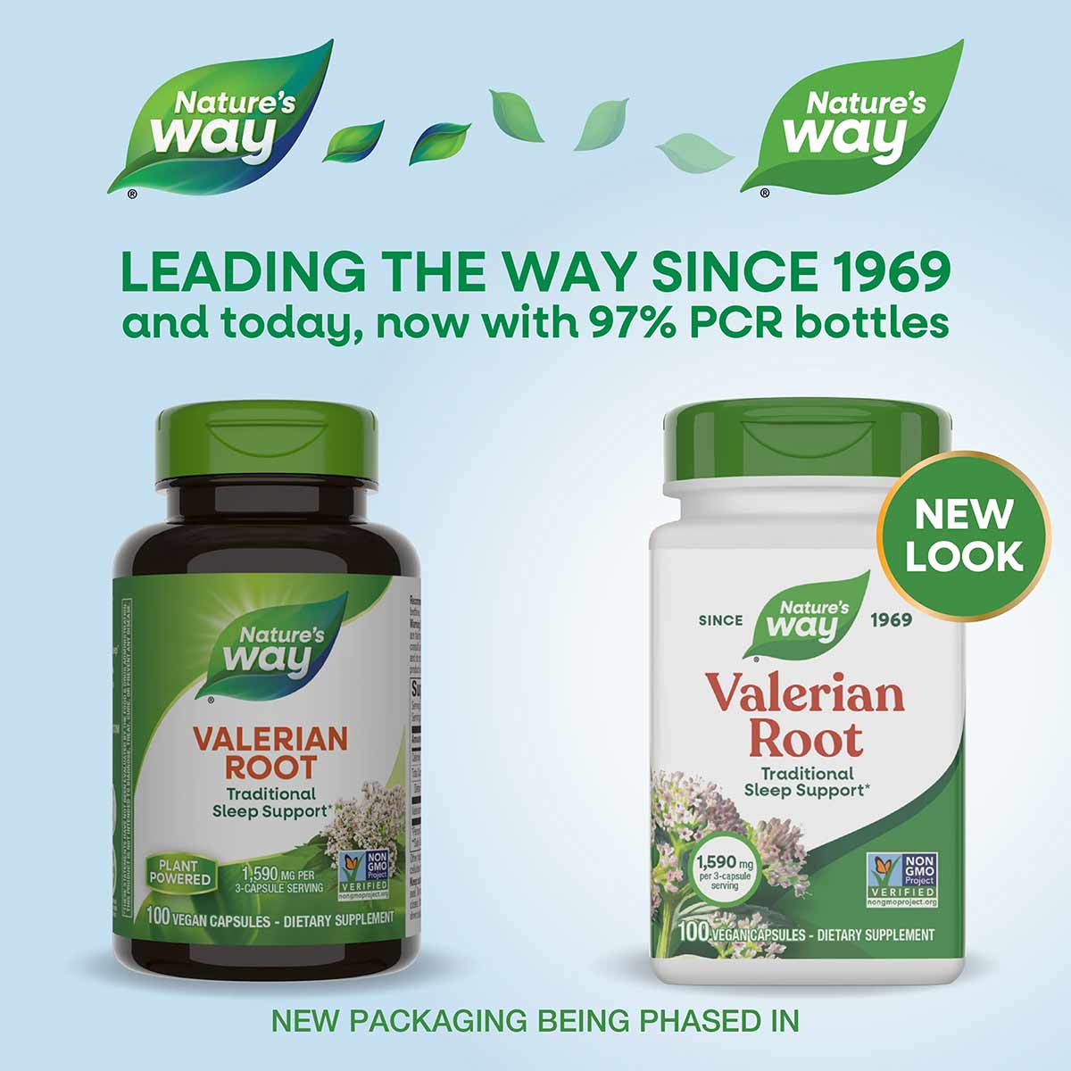 Two Nature's Way Valerian Root supplement bottles with green caps, one dark amber and one white, each containing 100 vegan ca