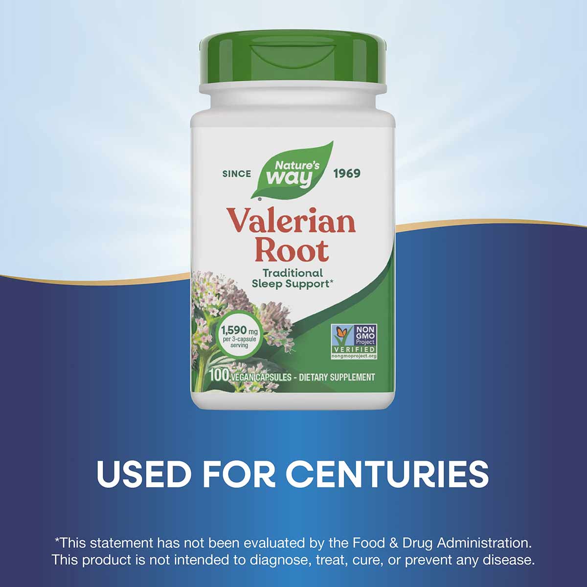 Nature's Way Valerian Root supplement bottle with green cap, white label, 100 vegan capsules, 1,590 mg per serving.