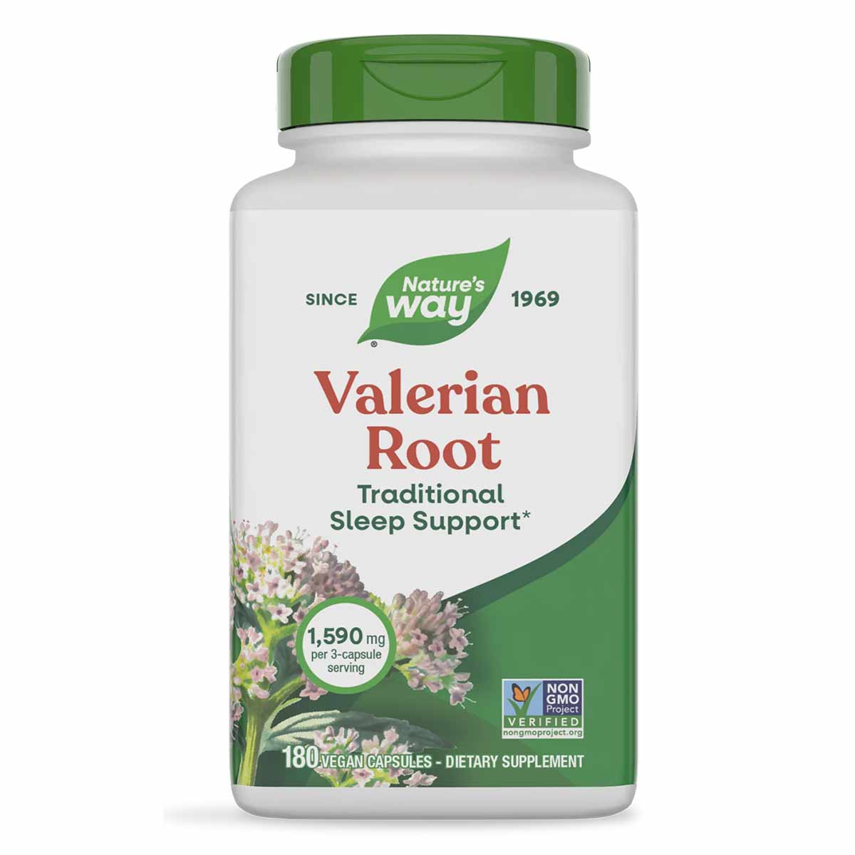 Nature's Way Valerian Root supplement bottle with green cap containing 180 vegan capsules.