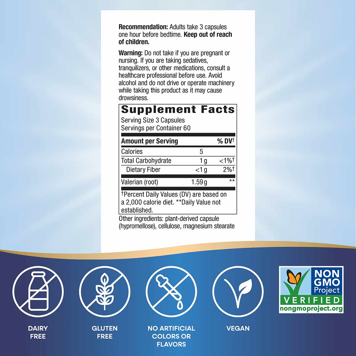 Supplement Facts label for Valerian Root capsules with product recommendations, warnings, and ingredient list on white backgr