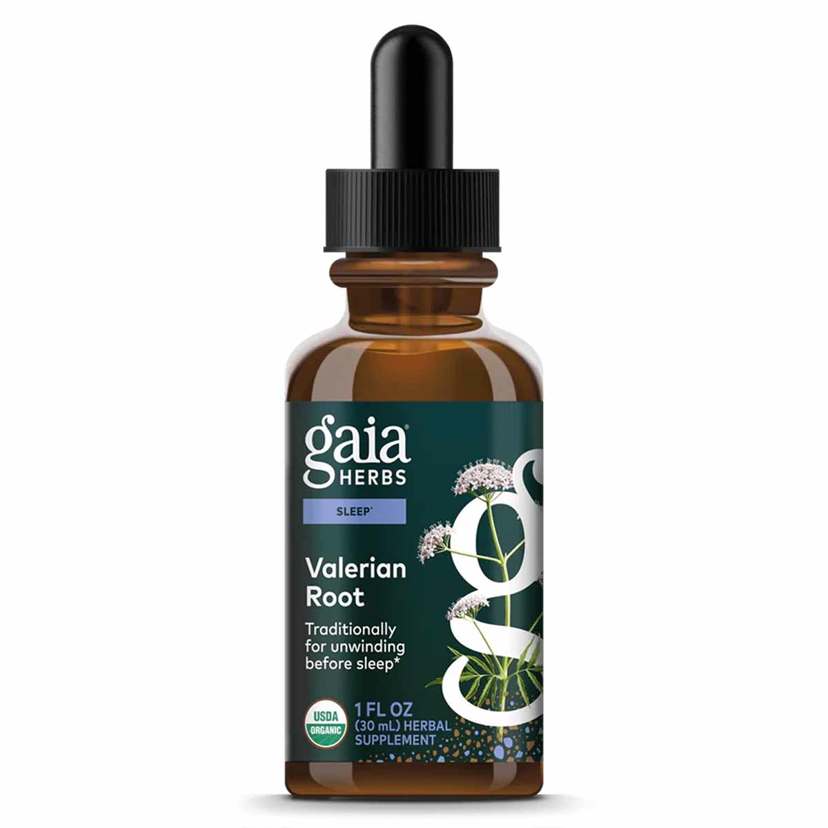 Gaia Herbs Valerian Root herbal supplement bottle with dropper, 1 fl oz amber glass container with dark label.