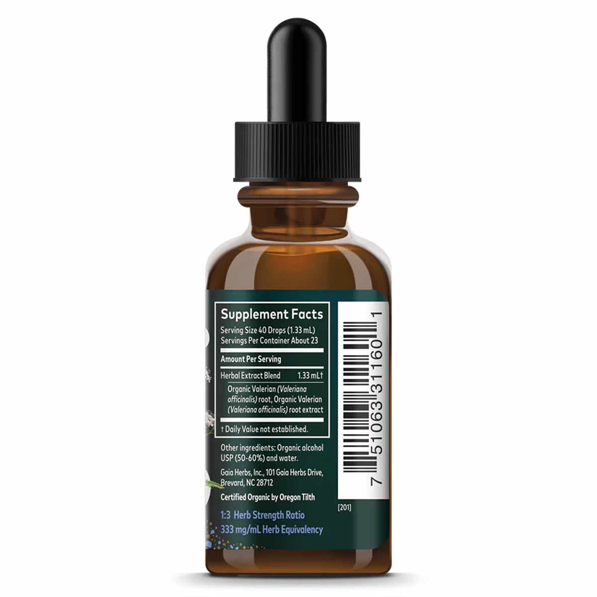 Amber glass dropper bottle of Gaia Herbs Valerian Root liquid extract with black cap and label.