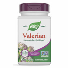 Nature's Way Valerian standardized extract supplement bottle with purple cap and white label, containing 90 vegan capsules.