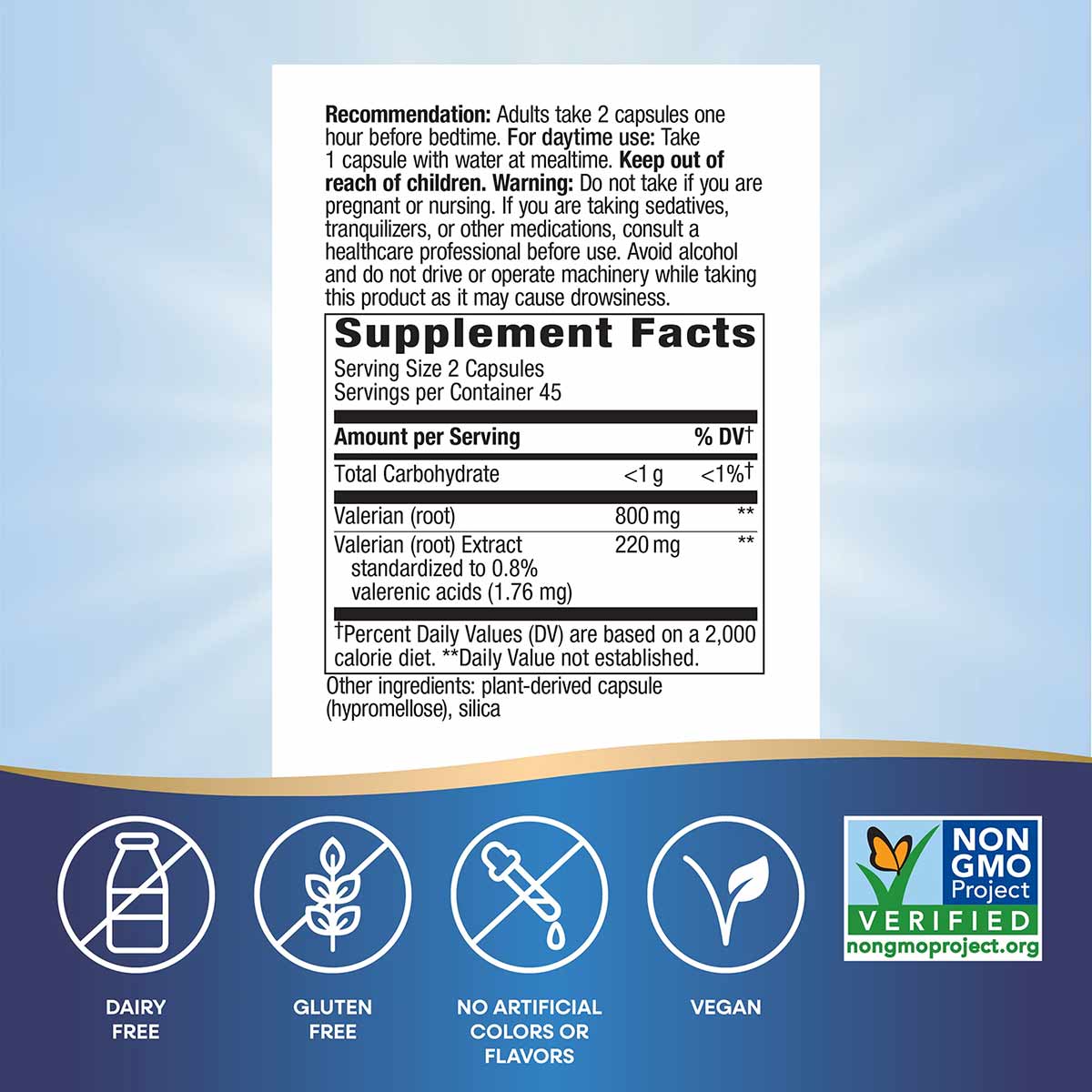 Valerian supplement label showing usage recommendations, supplement facts listing 800mg valerian root and 220mg standardized 