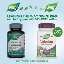 Two bottles of Nature's Way Valerian supplement showing old and new packaging designs with vegan capsules.