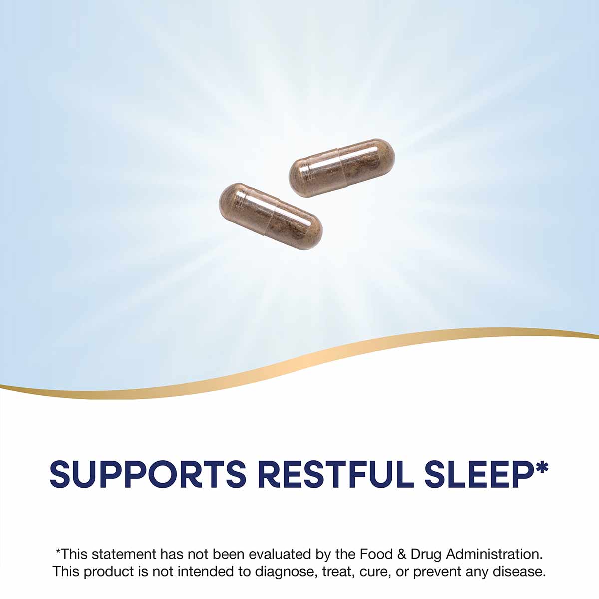 Two brown herbal supplement capsules on a light blue and white background.