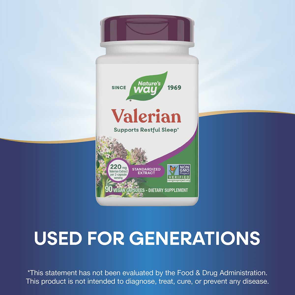 Nature's Way Valerian bottle with burgundy cap containing 90 vegan capsules of standardized extract.
