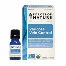 Forces of Nature Varicose Vein Control 0.37 oz blue glass bottle with black cap and white box packaging.