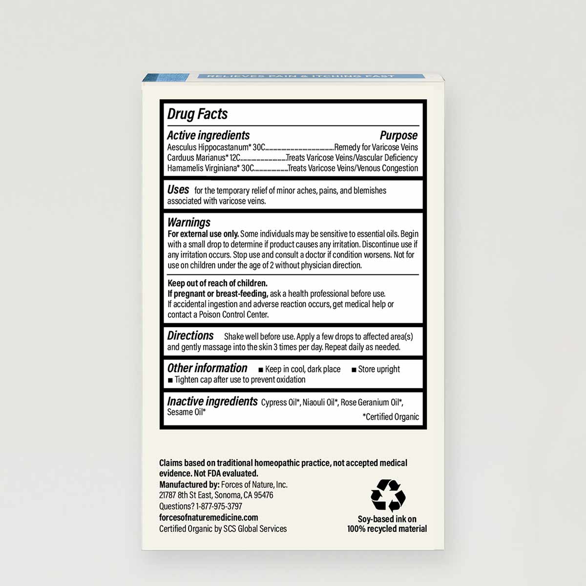 Back label of Forces Of Nature Varicose Vein Control bottle showing drug facts, ingredients, warnings, and directions.