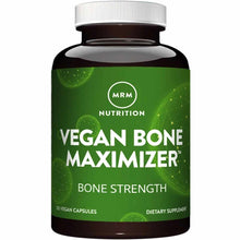 Black bottle with green label reading "MRM Nutrition Vegan Bone Maximizer" containing 120 vegan capsules with white screw cap