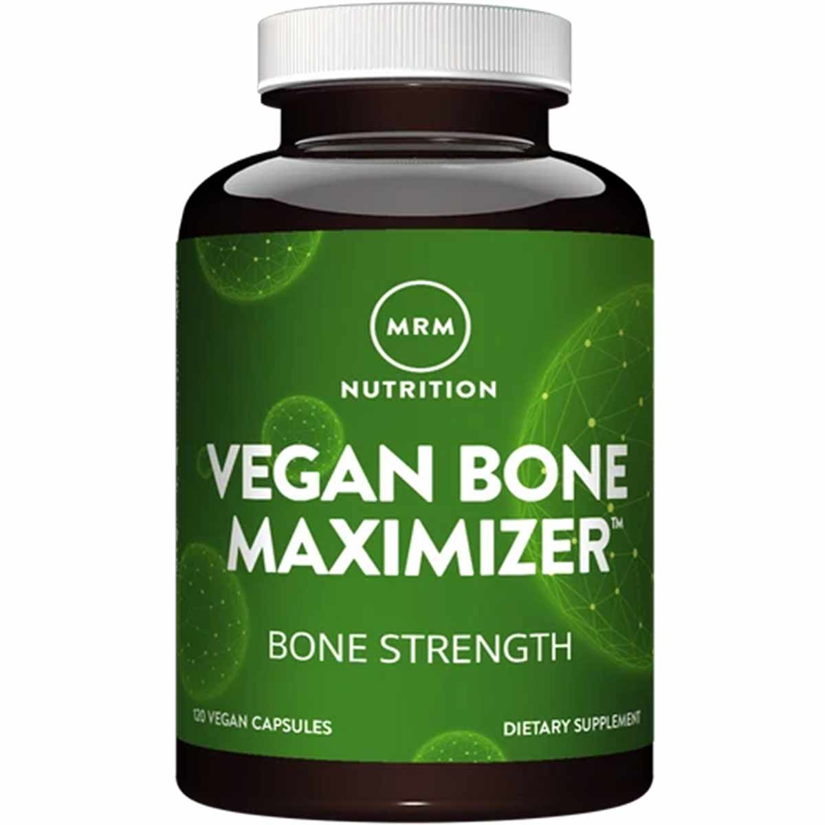 Black bottle with green label reading "MRM Nutrition Vegan Bone Maximizer" containing 120 vegan capsules with white screw cap