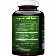 Black bottle with white cap and green supplement facts label displaying nutritional information and ingredients for vegan cap