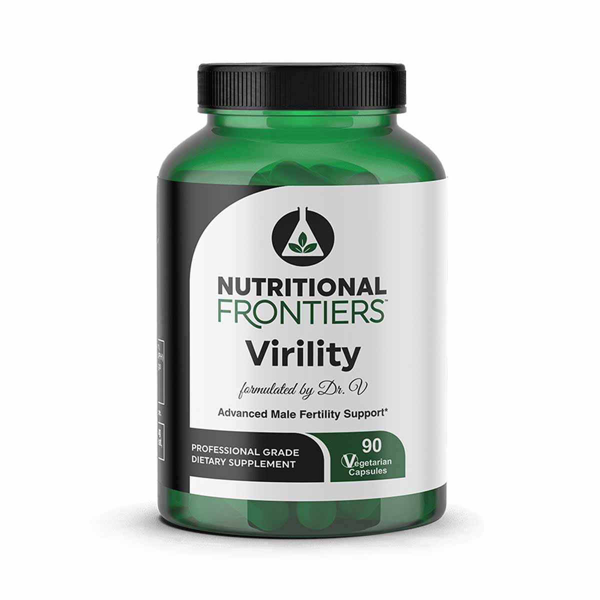 Green bottle with black cap labeled "Nutritional Frontiers Virility," containing 90 vegetarian capsules of dietary supplement
