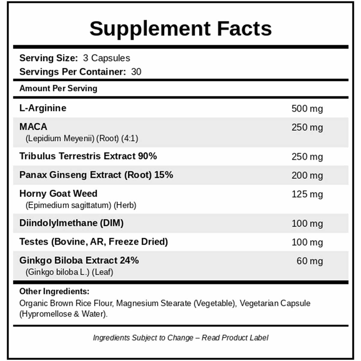 Supplement Facts label for Virility capsules showing serving size of 3 capsules, 30 servings per container, and ingredients i