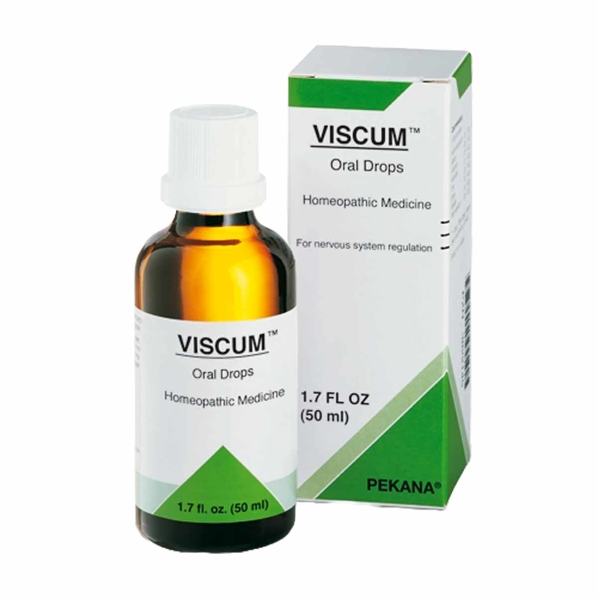 Viscum Oral Drops 1.7 fl oz amber glass bottle with white dropper cap next to green and white product box by Pekana.
