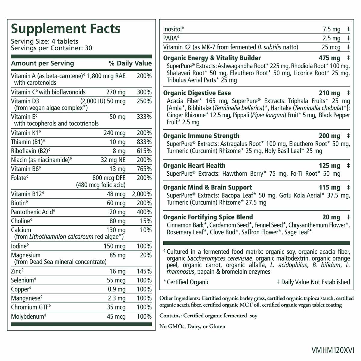 Supplement Facts label for men's multivitamin tablets showing serving size, daily values, and organic ingredient blend inform