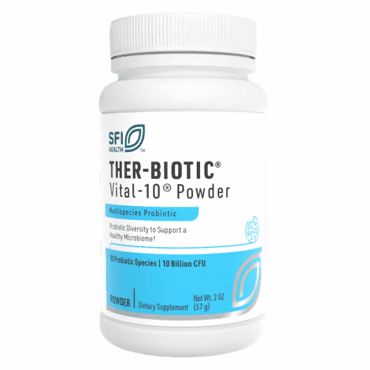 White plastic bottle of THER-BIOTIC Vital-10 Powder probiotic supplement with blue label and white screw-top cap.