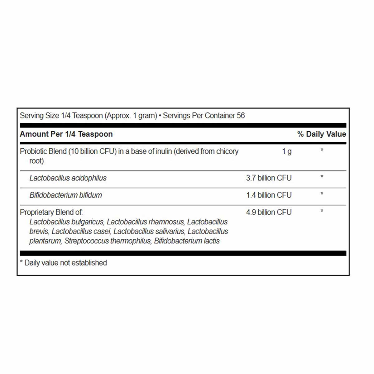 Nutrition facts label for probiotic powder showing serving size, CFU amounts, and ingredient blend details.