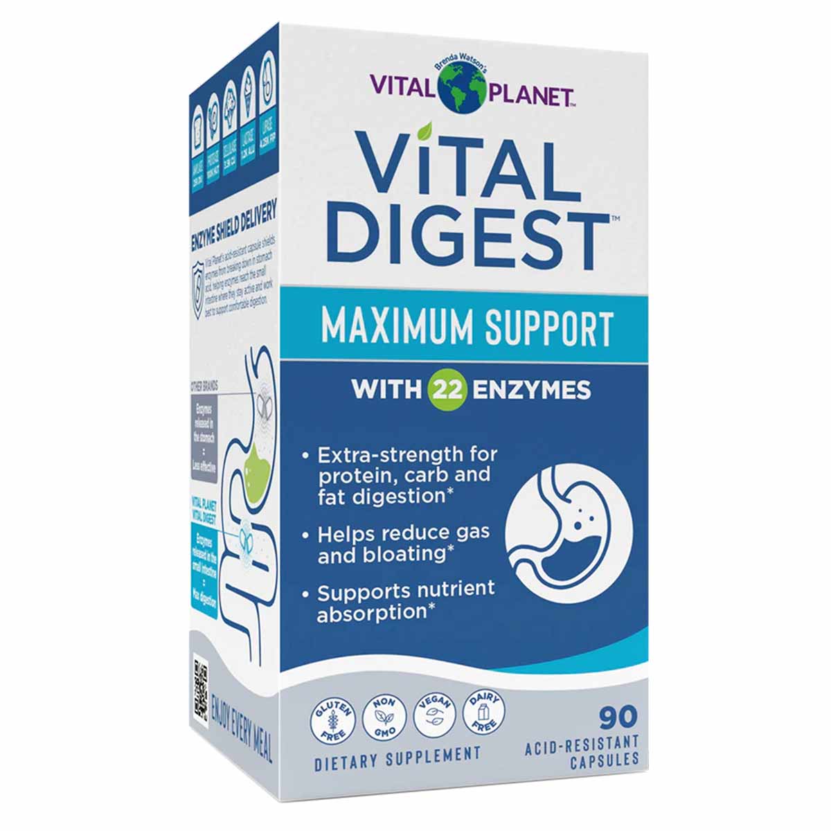Vital Planet Vital Digest Maximum Support bottle containing 90 acid-resistant capsules with 22 enzymes.