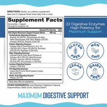 Vital Digest Maximum Support supplement facts label showing 22 digestive enzymes, directions, and gluten-free, non-GMO, vegan