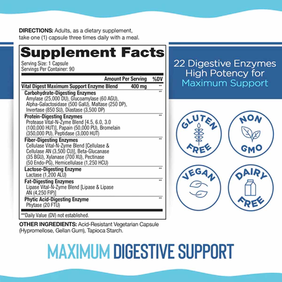 Vital Digest Maximum Support supplement facts label showing 22 digestive enzymes, directions, and gluten-free, non-GMO, vegan