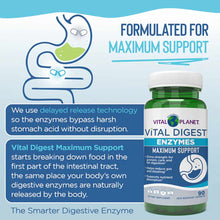 Vital Planet Vital Digest Enzymes Maximum Support bottle with white cap and green label, 90 capsules.