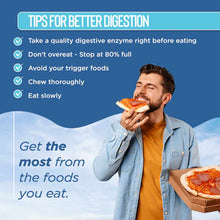 Man in denim shirt and yellow shirt eating pizza slice, with digestion tips listed above on blue background.