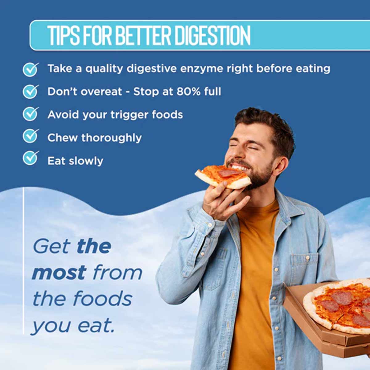 Man in denim shirt and yellow shirt eating pizza slice, with digestion tips listed above on blue background.