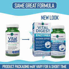 Vital Planet Vital Digest Enzymes Maximum Support bottles and box shown with old and new packaging designs side by side.
