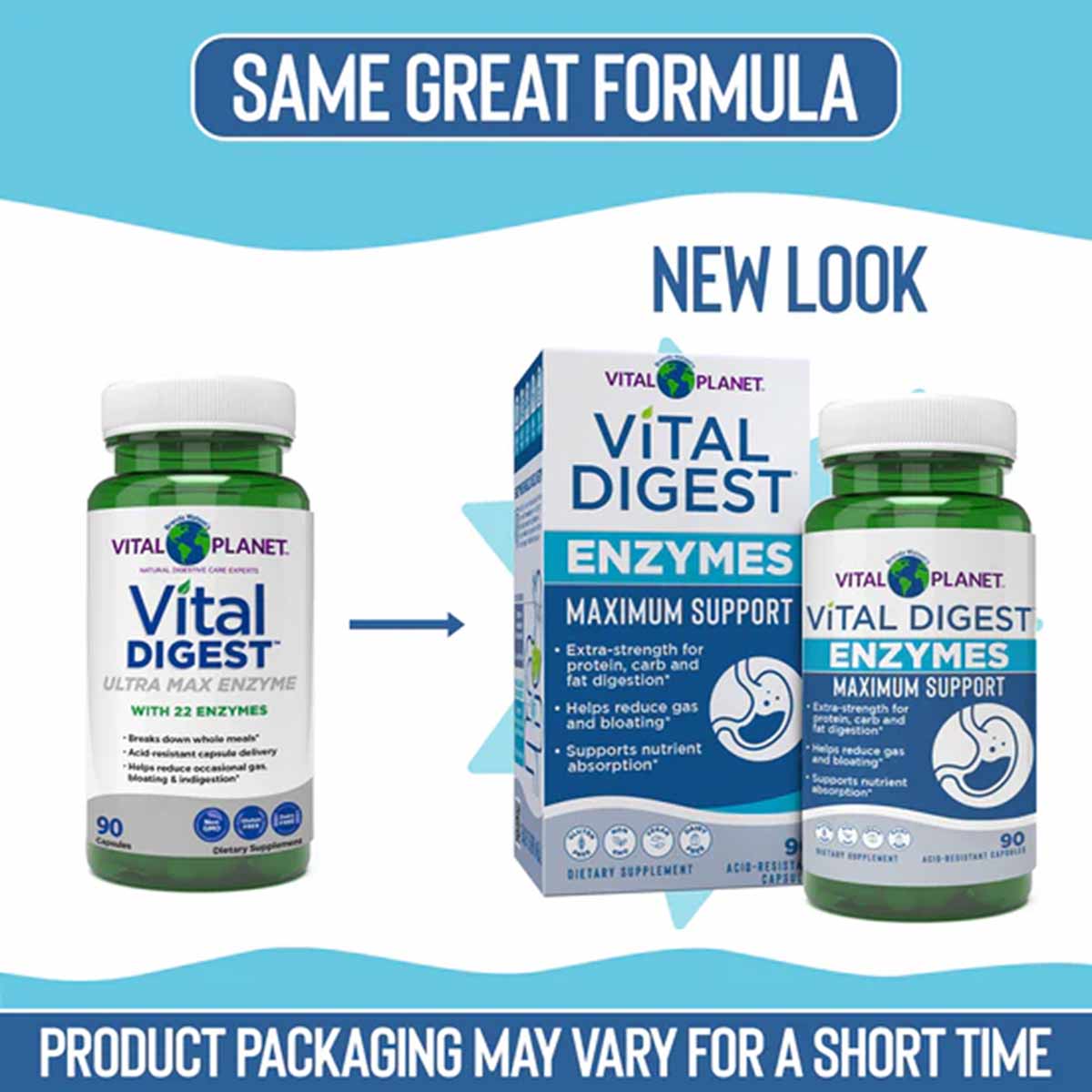 Vital Planet Vital Digest Enzymes Maximum Support bottles and box shown with old and new packaging designs side by side.