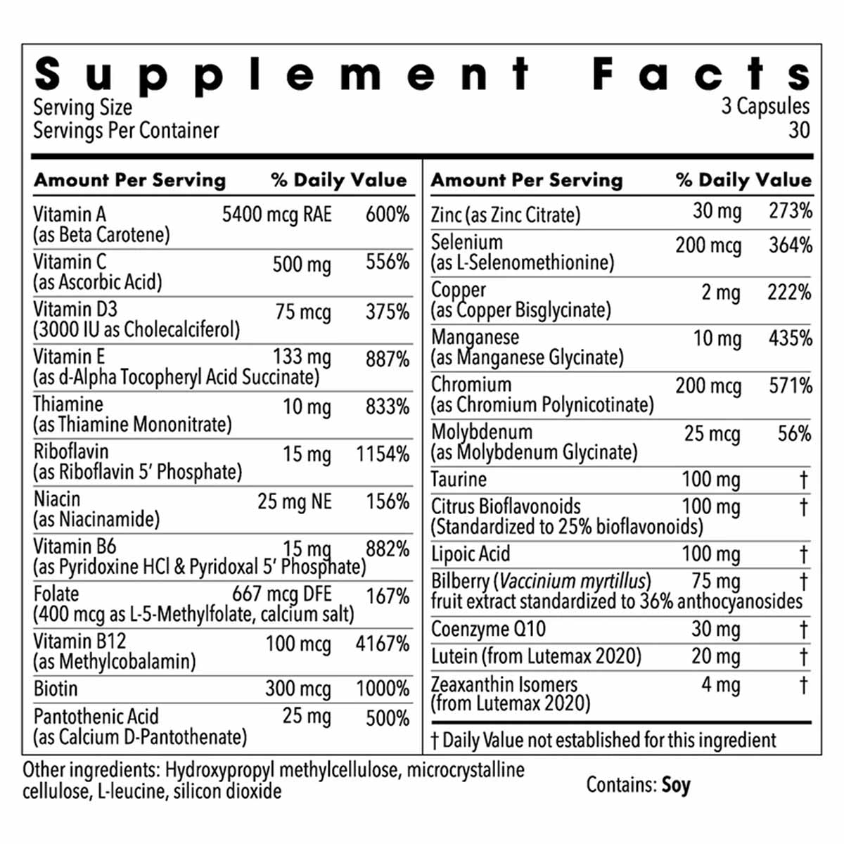 Supplement Facts label showing nutritional information for Vital Eyes Complete with vitamins, minerals, and botanical extract