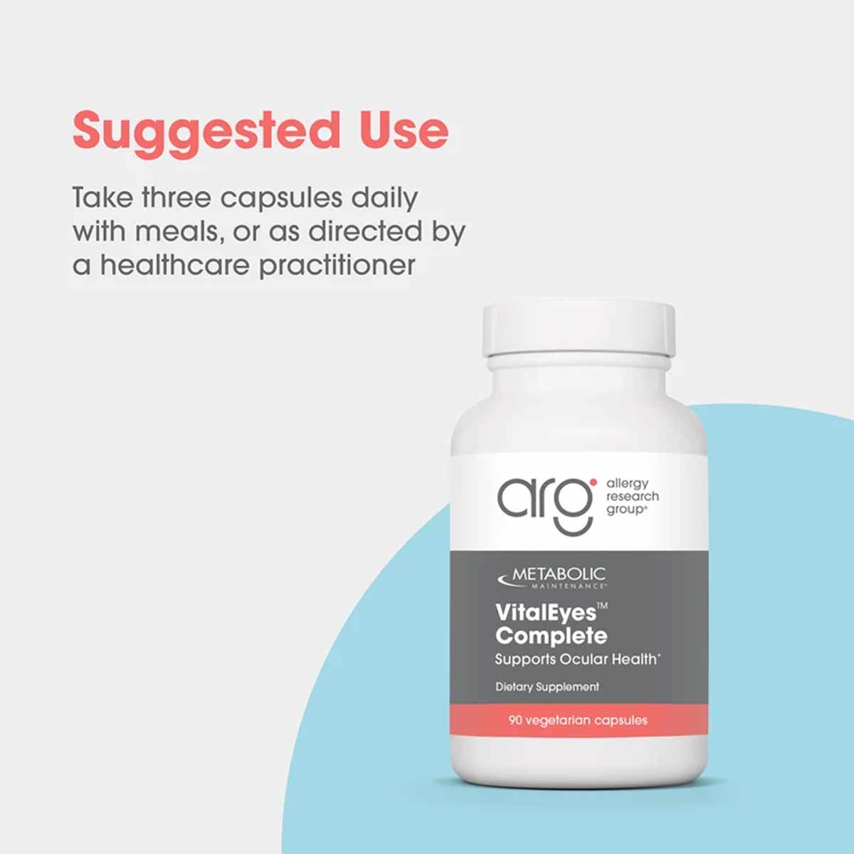 White bottle of Vital Eyes Complete by Allergy Research Group containing 90 vegetarian capsules with gray and coral label.