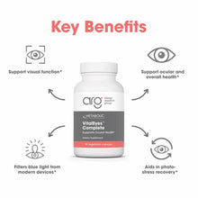 White bottle of Vital Eyes Complete by Allergy Research Group with gray and coral label, 90 vegetarian capsules.