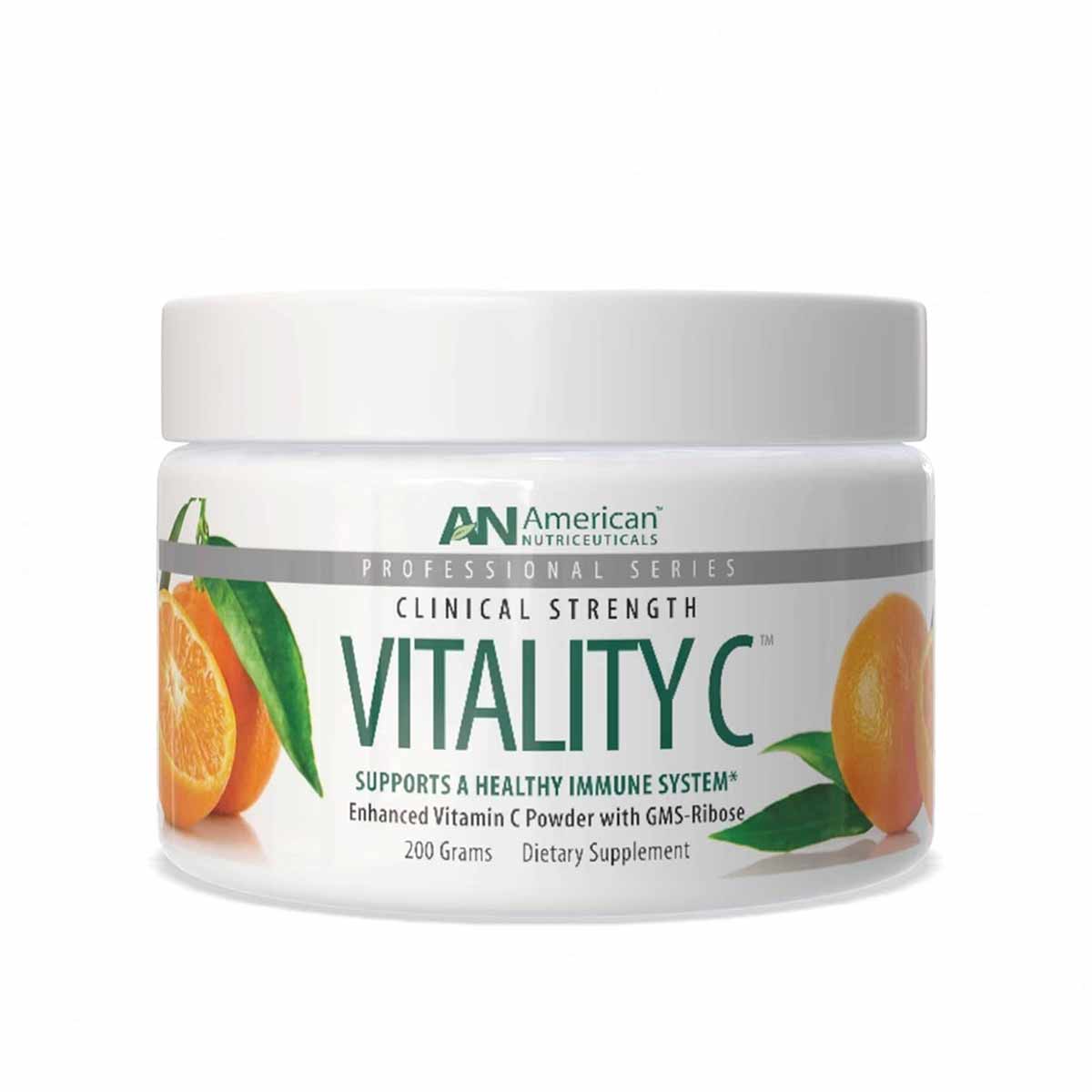 White plastic jar with white lid containing Vitality C vitamin C powder by American Nutriceuticals, labeled 200 grams, with o