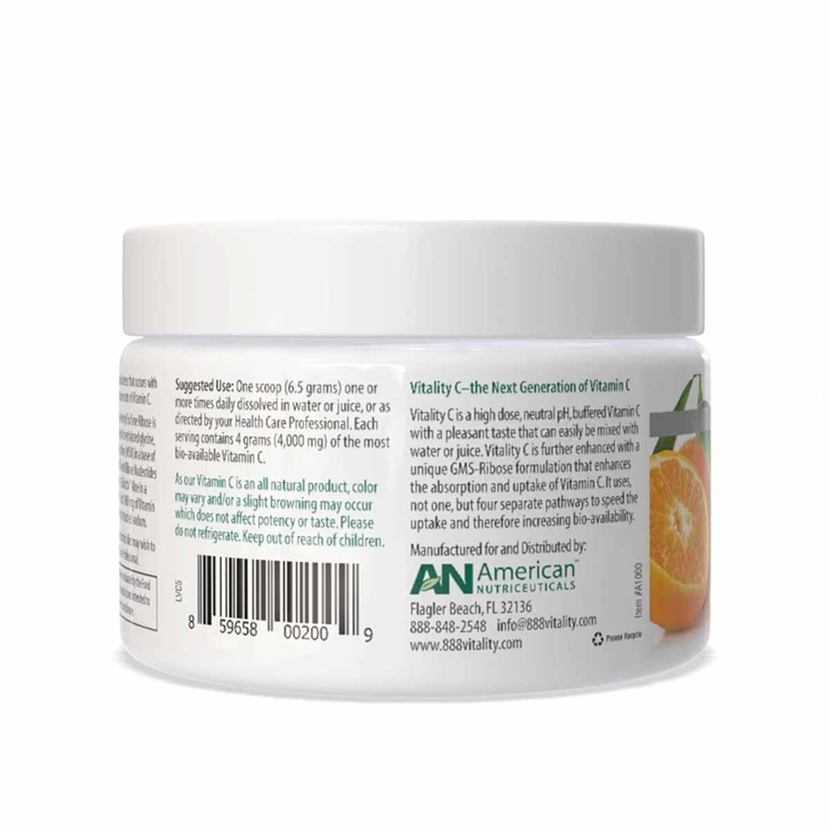White plastic jar with white lid containing Vitality C Vitamin C powder by American Nutriceuticals, 200 grams.